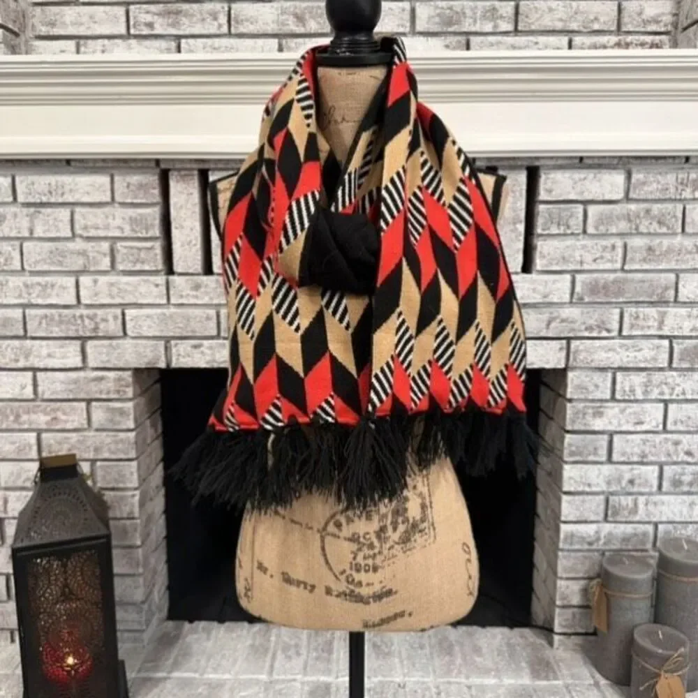 Vera Bradley Red Black Chevron Jacquard Knit Fringe‎ Scarf Winter Black Red Tan